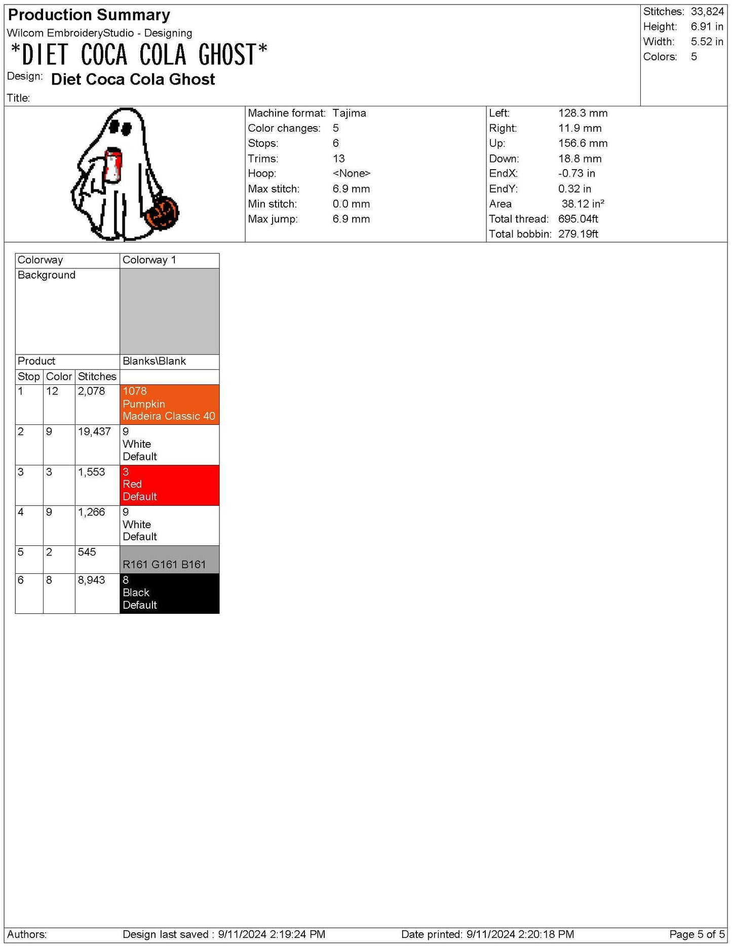 Halloween Ghost Drinking Cola Embroidery Design (Digital Download)