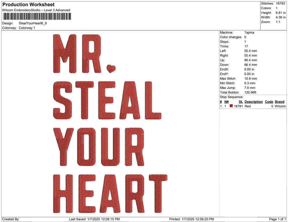 Valentine Valentine's Day Machine Embroidery File Mr Steal Your Heart | Cute Gift | 4 Size
