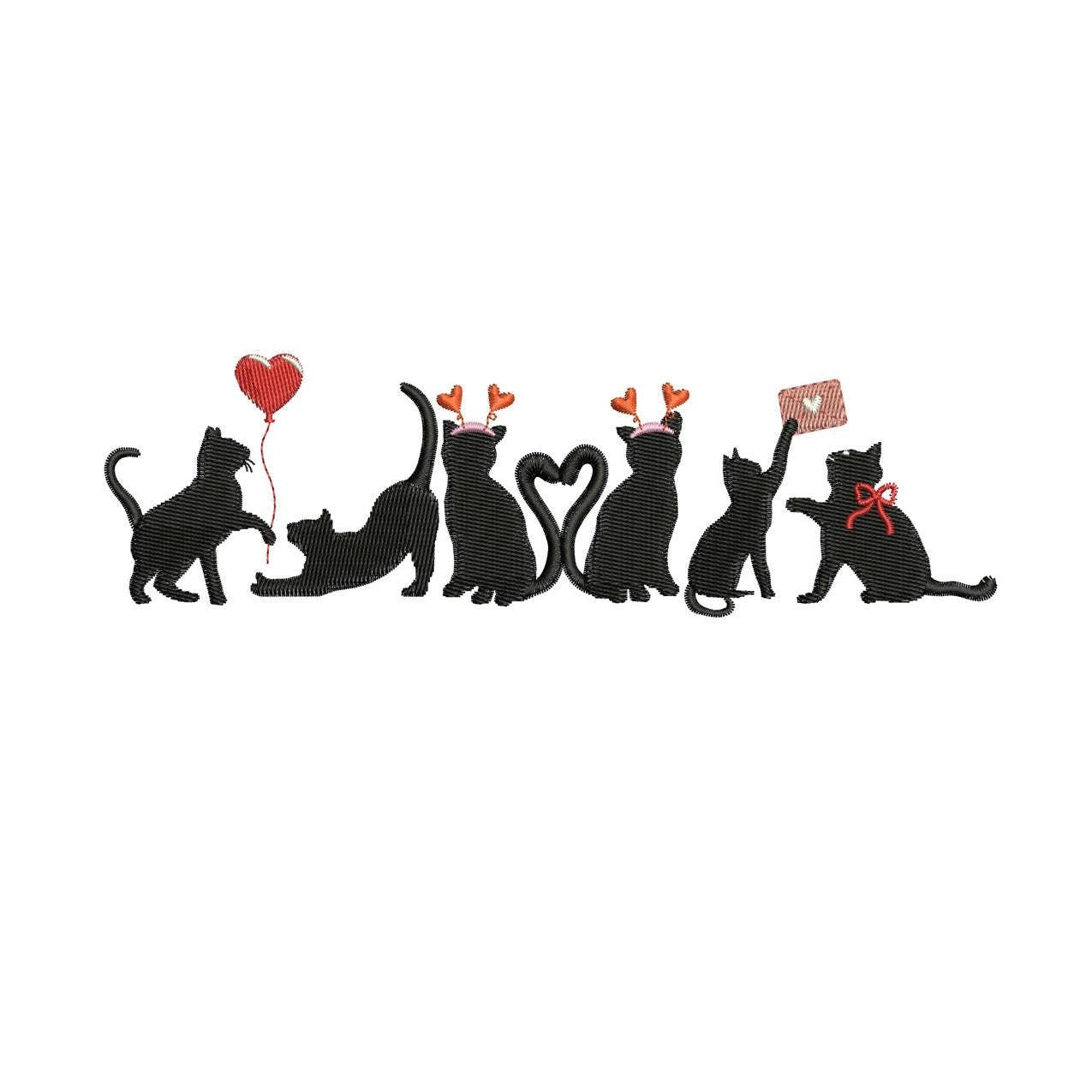 Valentine Day Cat Black Cats Valentine's Machine Embroidery File for Cat Lovers | 4 Size