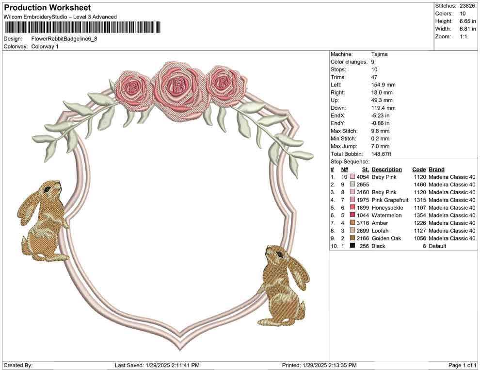 Easter Embroidery Frame: Vintage Rabbit Rose Floral Embroidery Crest Frame Design (Digital Download)