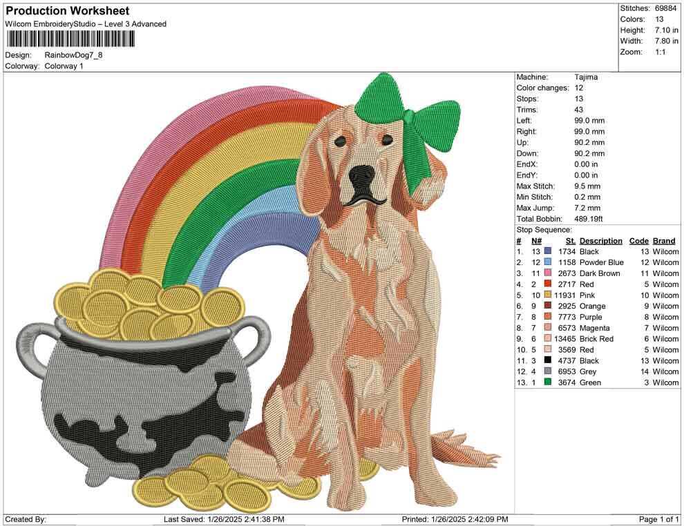 St Patricks Day Dog Embroidery Designs: Golden Retriever Machine Embroidery File Rainbow and Pot of Gold(Digital Download)