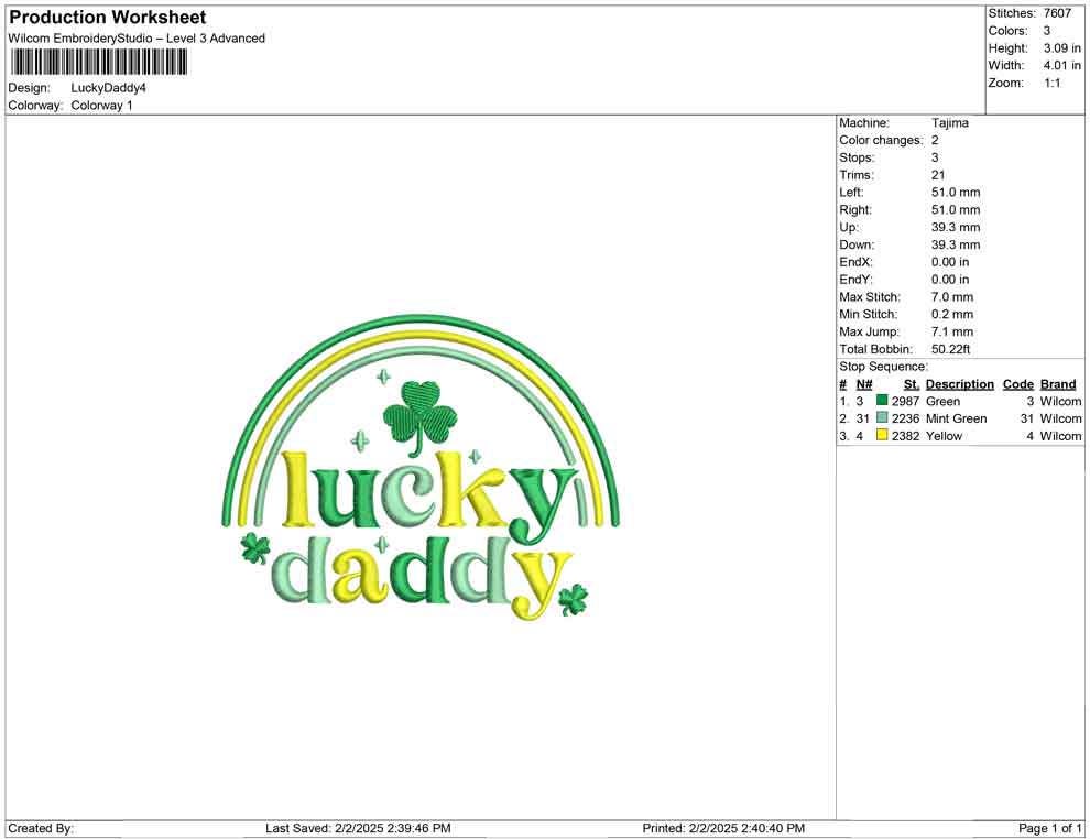 Lucky Daddy St Patricks Embroidery Design: Clover Rainbow (Machine Embroidery File)
