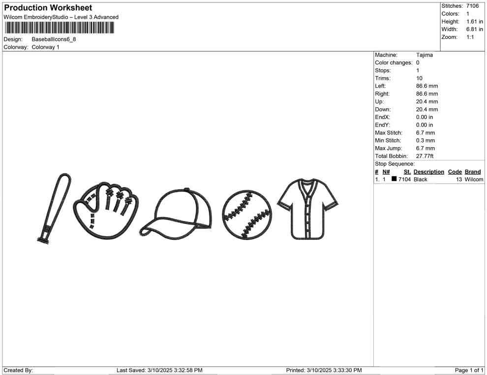 Baseball Icons Embroidery Design: Bat, Ball, Glove, Cap (Digital Download)