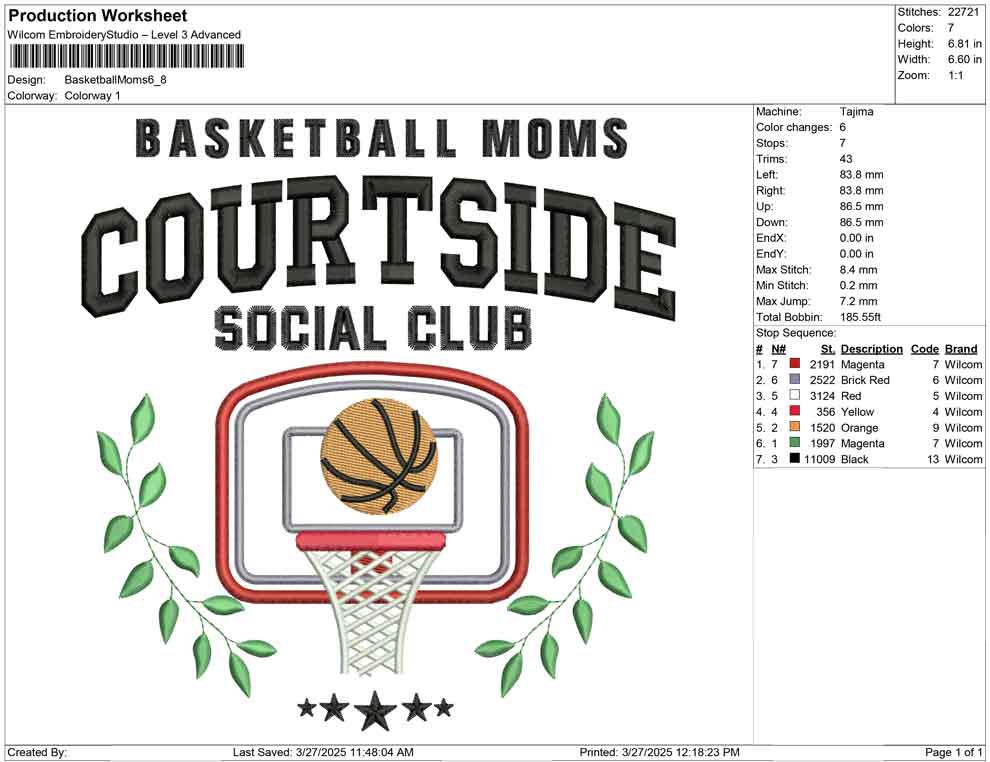 Basketball Mom Embroidery Design: Courtside Social Club (Digital Download)