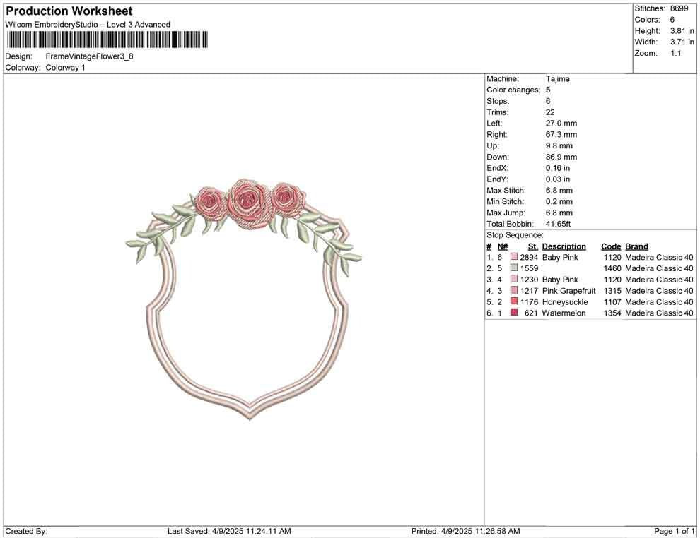 Vintage Rose Crest Frame Embroidery Design: Floral Monogram (Digital Download)