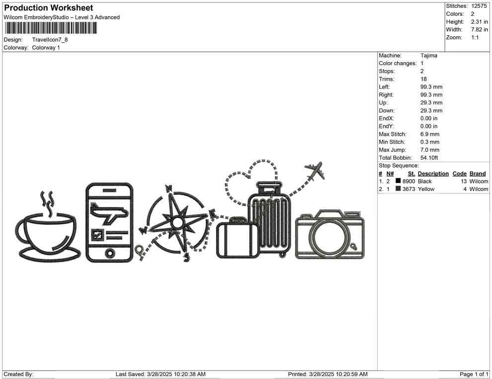 Holiday Travel Embroidery Designs: Icon Line Art Machine Embroidery File Coffee, Phone, Compass, Luggage, Camera and Plane
