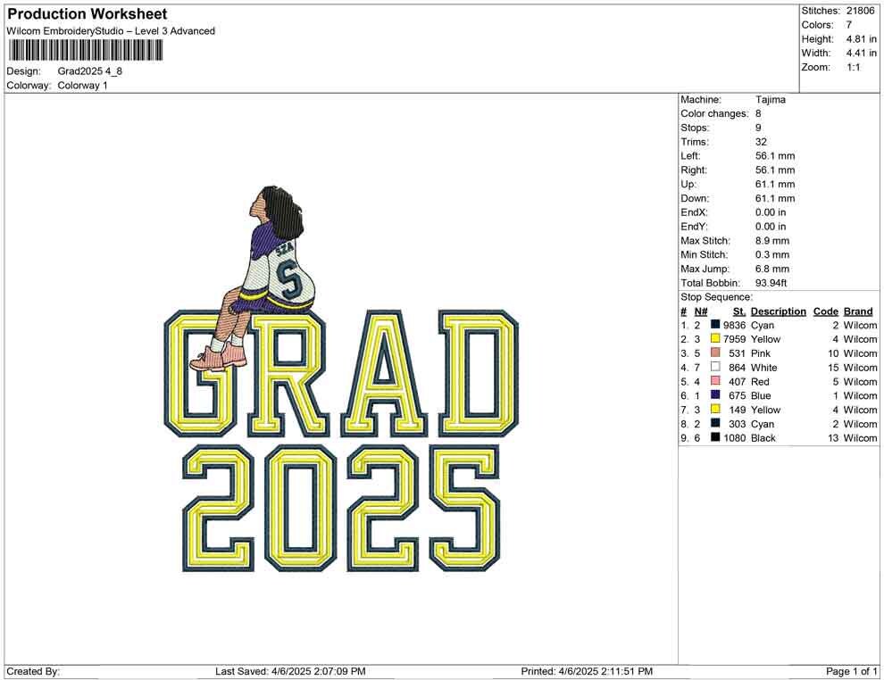 Grad 2025 Embroidery Design: Varsity Style Graduate (Digital Download)