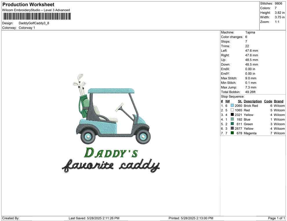 Daddy's Favorite Caddy Embroidery Design: Golf Cart Applique (Digital Download, Multiple Sizes)