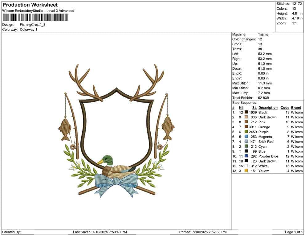 Fishing Crest Embroidery Design: Mallard Duck Machine Embroidery File Hunting Antler Embroidery Crest Frame File (Digital Download)