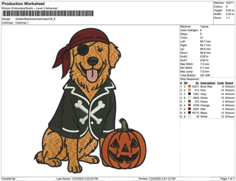 Pirate Golden Retriever Embroidery Design: Halloween Dog Costume (PES, DST, JEF)