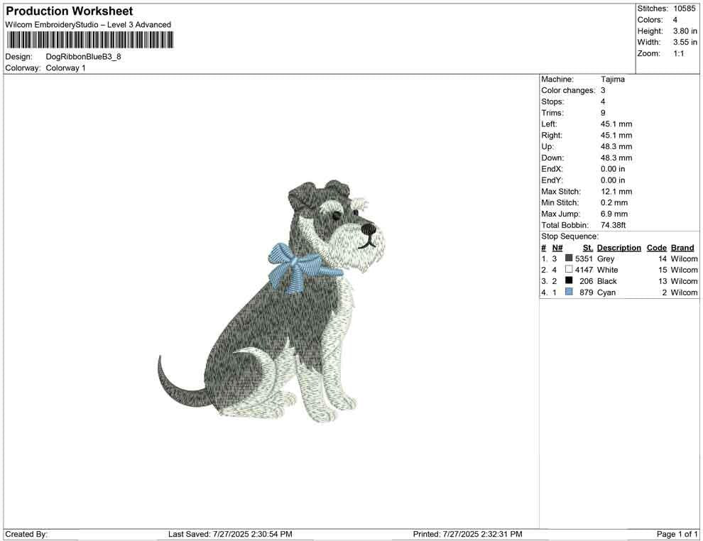 Schnauzer Dog Embroidery Design: Blue Bow Pet Portrait (DST, PES) Digital Download