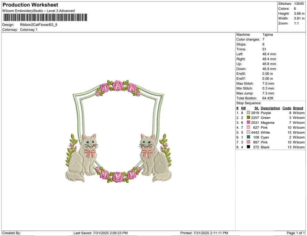 Cat Floral Frame Embroidery Design: Kitten Roses Crest (Digital Download)