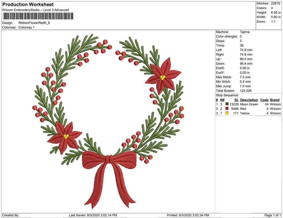 Christmas Wreath Embroidery Design: Ribbon & Poinsettia (Digital Download) (DST PES EXP File and more)
