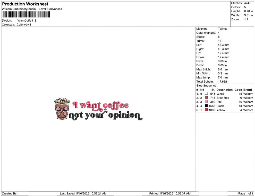 Sassy Coffee Lover Embroidery Design: "I Want Coffee" (Digital Download)