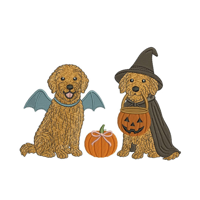 Halloween Goldendoodle Embroidery Design: Witch & Bat Dogs (Digital Download)