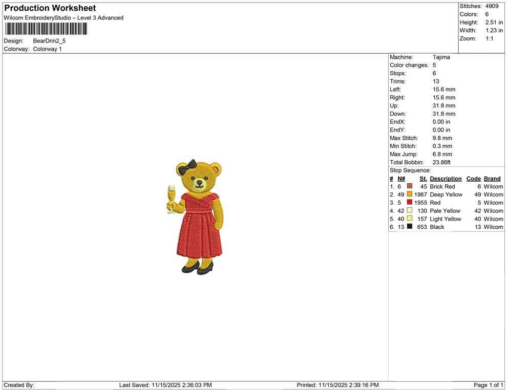 Teddy Bear Embroidery Design: Cute Girl Bear in Dress with Champagne - Winter Holiday Machine File PES DST and more