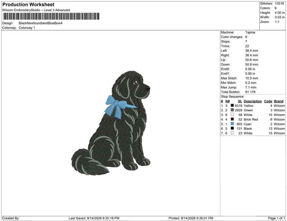 Production worksheet for 4-inch black Newfoundland dog with blue bow embroidery design