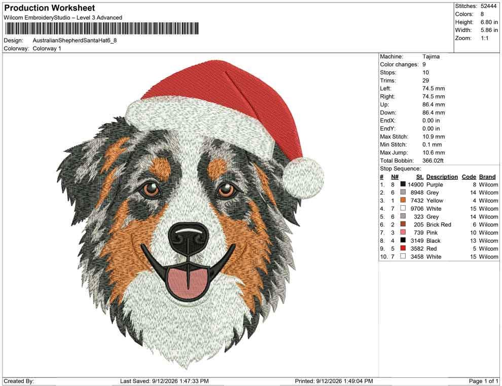 Production worksheet for 6.8-inch Australian Shepherd wearing a Santa hat embroidery design