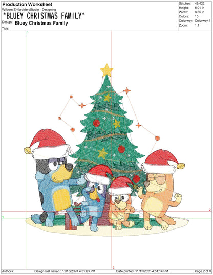 Blue Dog Family Christmas Machine Embroidery File | 4 Sizes