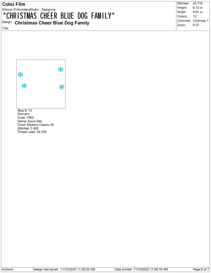 Blue Dog Family Christmas Cheer Machine Embroidery File | 4 Sizes
