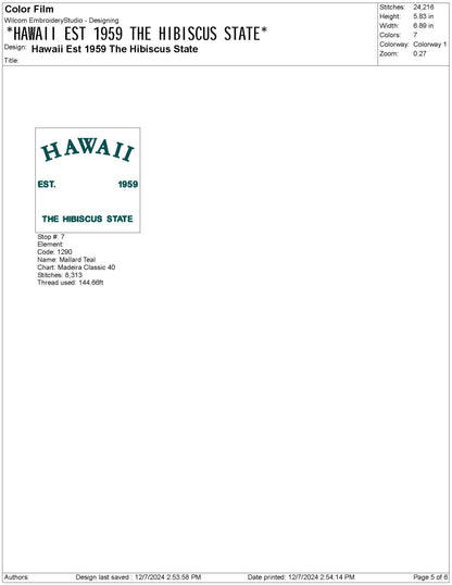 Hawaii State Machine Embroidery File | 6 Sizes