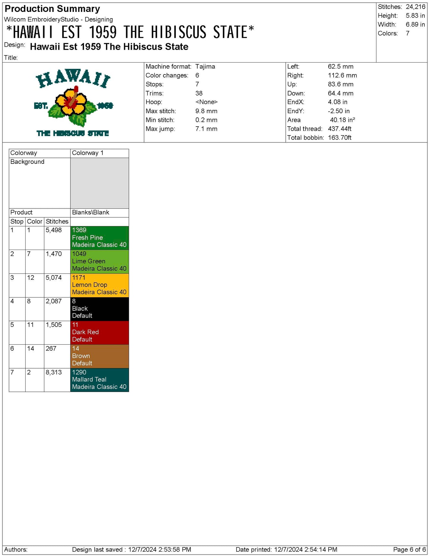 Hawaii State Machine Embroidery File | 6 Sizes