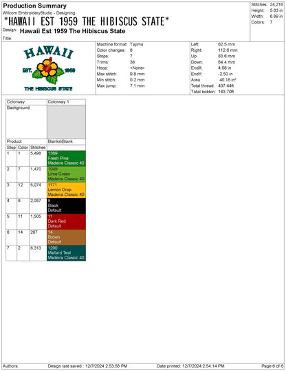 Hawaii State Machine Embroidery File | 6 Sizes