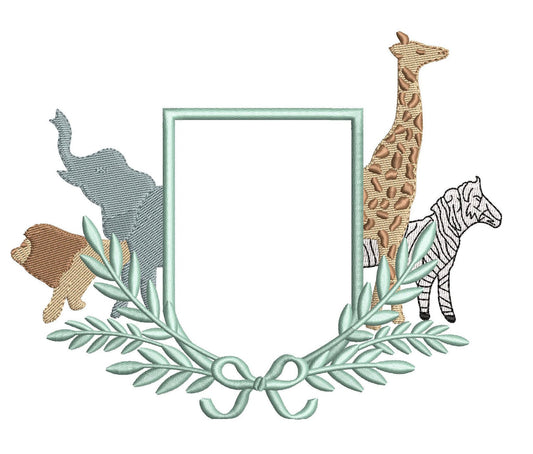Safari Banner Frame Embroidery Designs: Animal Embroidery Crest Elephant, Lion, Giraffe, and Zebra Baby Door Hanger Machine Embroidery File