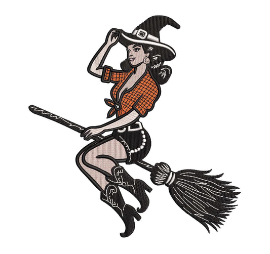 Western Cowgirl Halloween Witch Riding A Broom