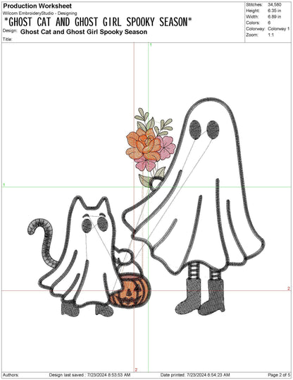 Fall , Halloween Cat Ghost Design Embroidery Ghost Girl Machine Embroidery File, Trick or Treat Embroidery Pattern | 4 Size