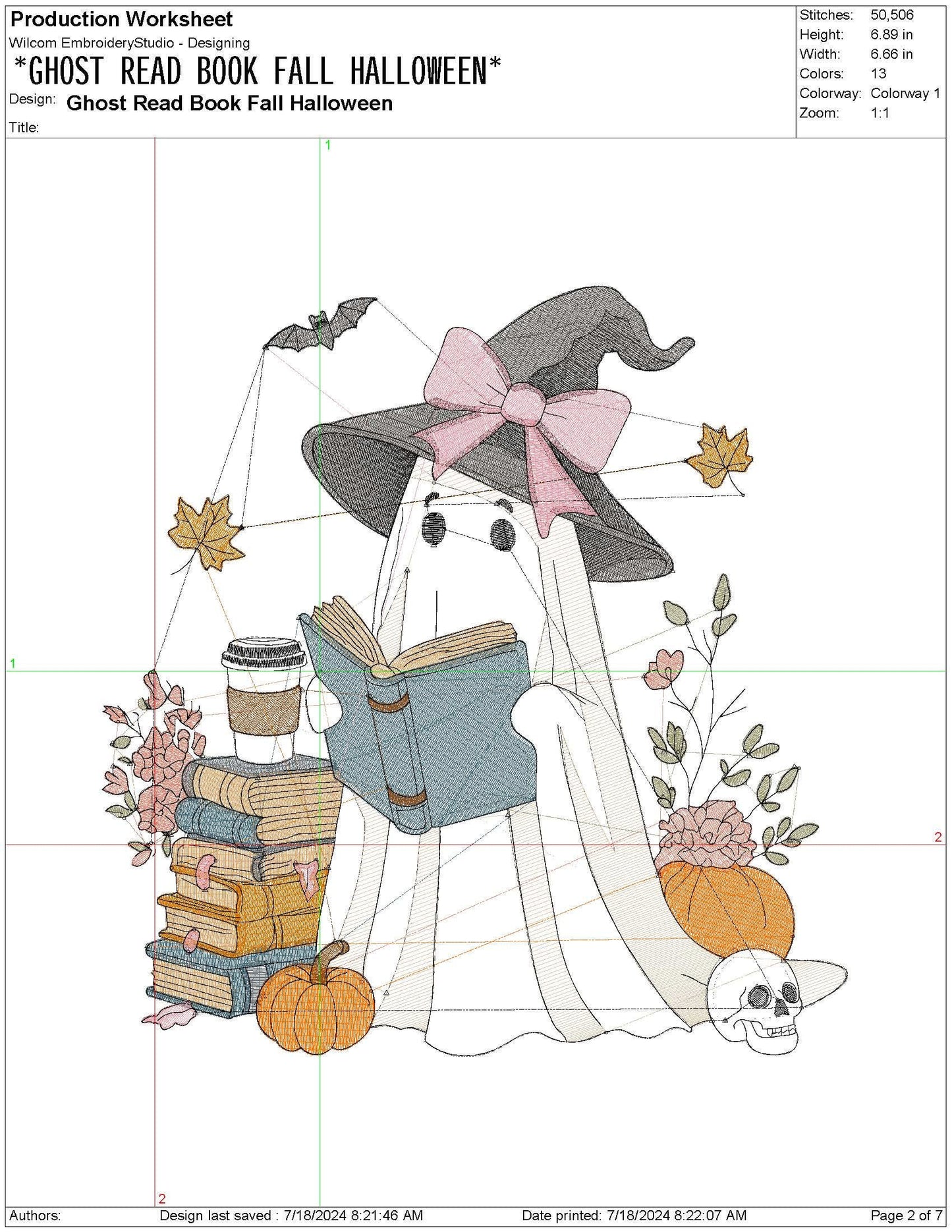 Halloween Fall Ghost Reading Book pes dgt dst exp hus jef xxx Machine Embroidery File Pumpkin, Bow