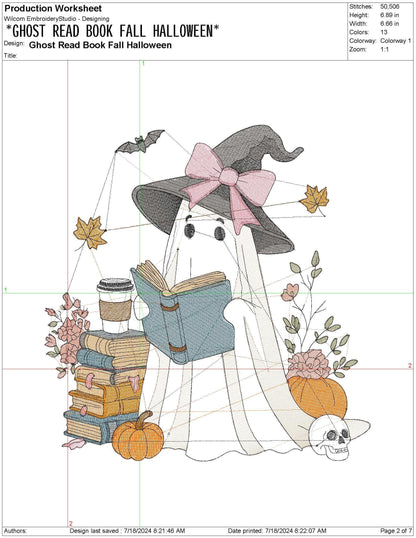 Halloween Fall Ghost Reading Book pes dgt dst exp hus jef xxx Machine Embroidery File Pumpkin, Bow