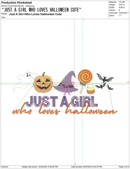 Just A Girl Who Loves Halloween pes dgt dst exp hus jef xxx Ghost Pumpkin Witch Embroidery Machine File | 4 Sizes