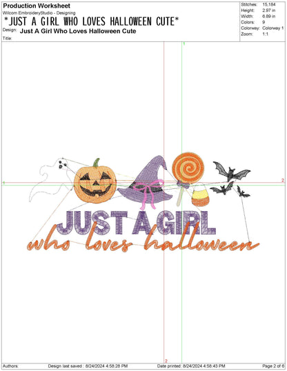 Girl's Halloween Embroidery Design: Ghost, Pumpkin, Witch (DST JEF File)