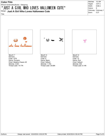 Girl's Halloween Embroidery Design: Ghost, Pumpkin, Witch (DST JEF File)