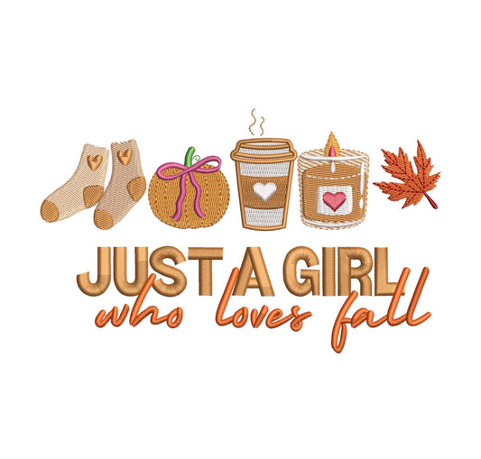 Just A Girl Who Loves Fall pes dgt dst exp hus jef Machine Embroidery File Pumpkin Candle Gift for Her | 5 Sizes