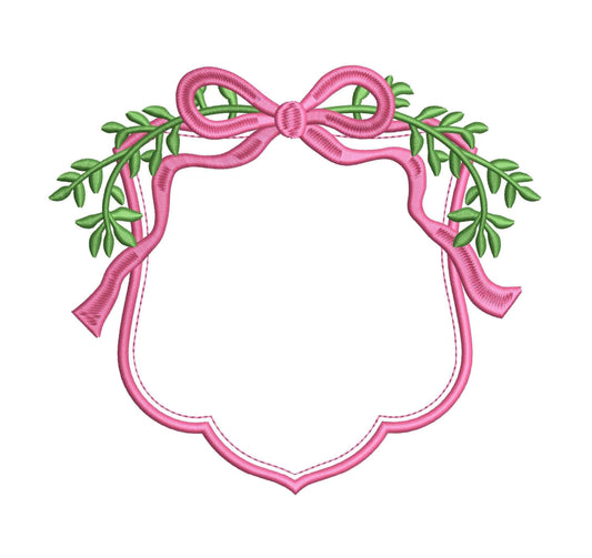 Floral Bow Wreath Crest Embroidery Design: Wedding Banner Frame Machine Embroidery File (DST, PES, JEF more) Baby Door Hanger Embroidery