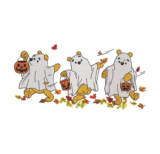 Halloween Ghost Bear Trick-or-Treat Leaves                                  Machine Embroidery File | 6 Sizes