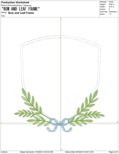 Bow and Leaf Frame Embroidery Design: Elegant Crest Machine Embroidery File Baby Door Hanger Frame File (PES, DST, EXP +)