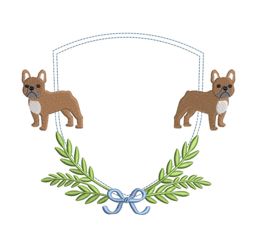 French Bulldog Embroidery Design: Crest Frame, Dog Banner (PES, DST)