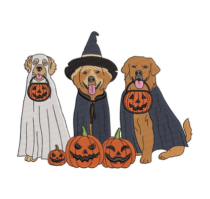 Halloween Golden Retriever Ghost Witch Dogs Boo Trick or Treat pes dgt dst exp hus inf Machine Embroidery File | 6 Sizes