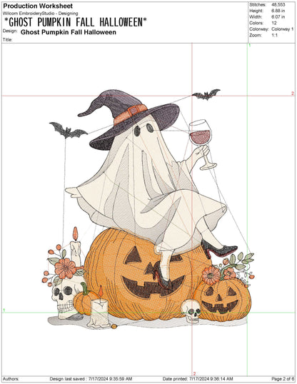 Halloween Ghost Wine Lover Embroidery Design (PES File)