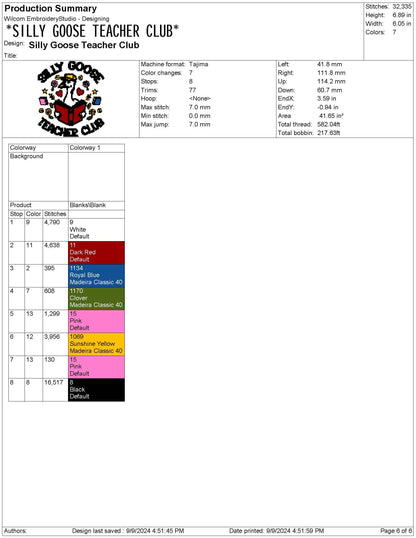 Silly Goose Teacher Club Embroidery Design: Machine Embroidery File (PES, Digital Download)