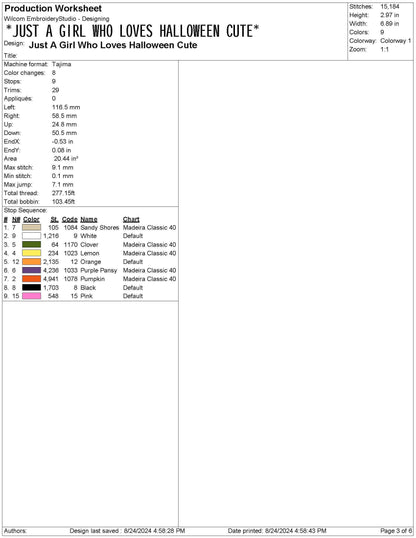 Girl's Halloween Embroidery Design: Ghost, Pumpkin, Witch (DST JEF File)