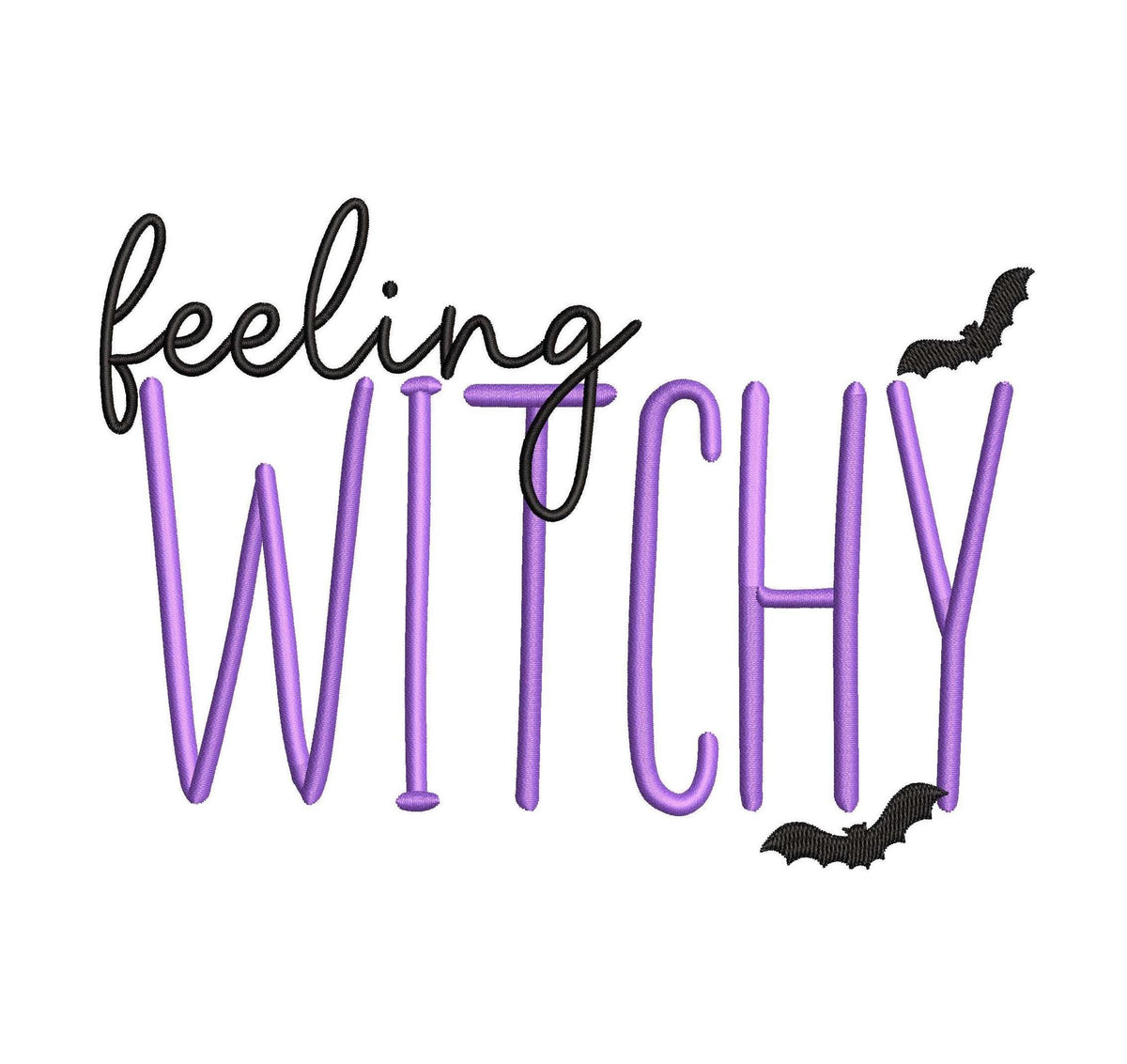 Feeling Witchy Halloween machine embroidery design with purple lettering and black bats