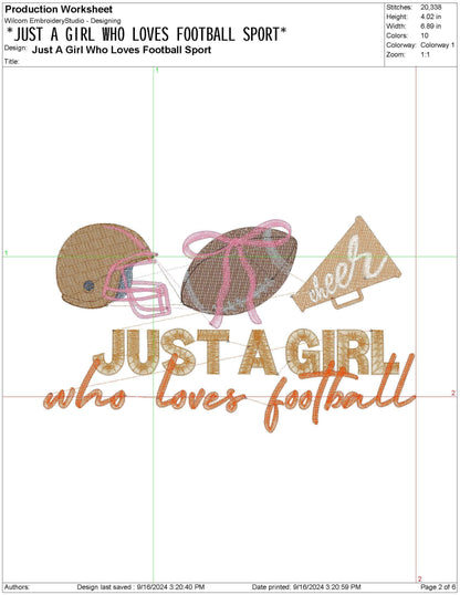 Just A Girl Who Loves Football Season Helmet Megaphone Embroidery pes dgt dst exp hus sew jef vp3 Machine Embroidery File