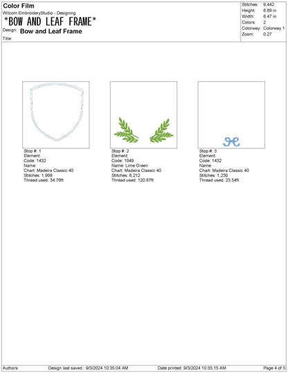 Bow and Leaf Frame Embroidery Design: Elegant Crest Machine Embroidery File Baby Door Hanger Frame File (PES, DST, EXP +)