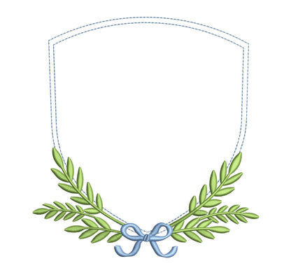 Bow and Leaf Frame Embroidery Design: Elegant Crest Machine Embroidery File Baby Door Hanger Frame File (PES, DST, EXP +)