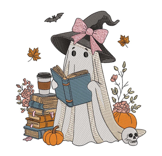 Halloween Fall Ghost Reading Book pes dgt dst exp hus jef xxx Machine Embroidery File Pumpkin, Bow