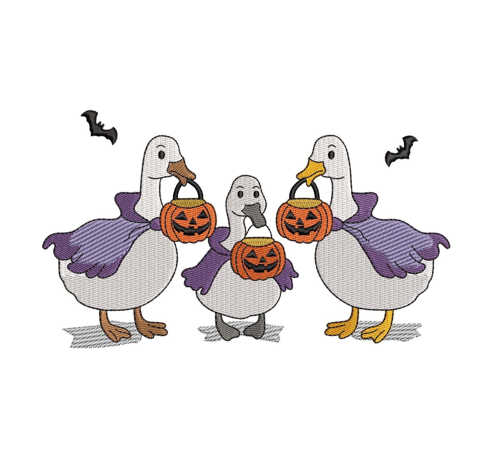 Halloween Geese Embroidery Design: Witch Goose Trick-or-Treating (Digital Download)